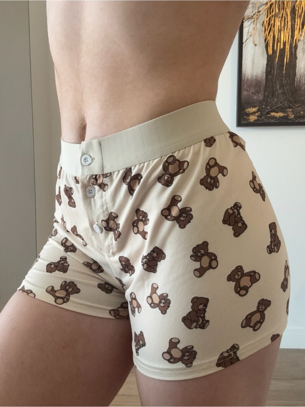 Amazon Women's Teddy Bear Print Boxer Shorts - Cream & Brown